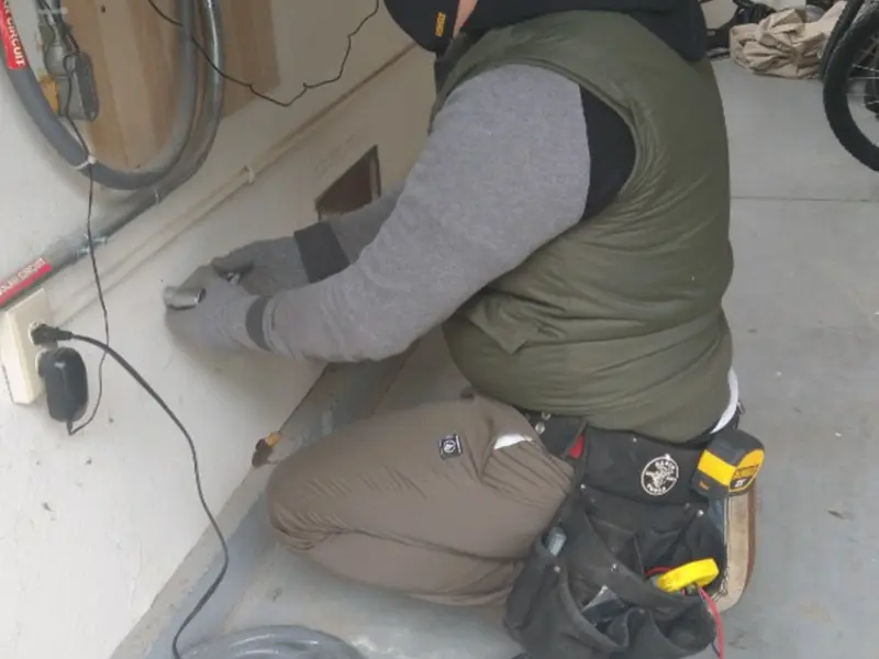 Electrician performing outlet wiring in a Ardsley garage